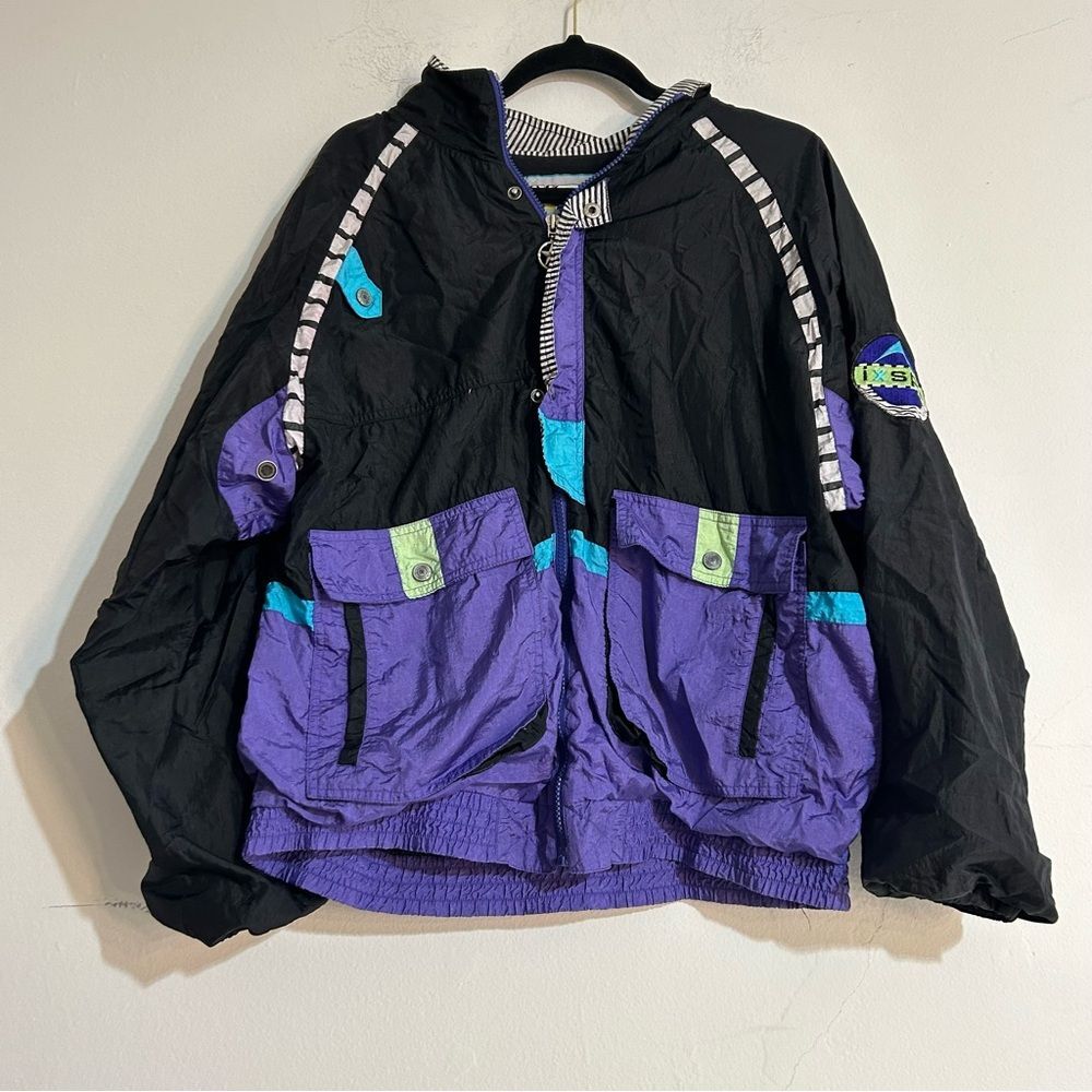 Vintage Ixspa Jamie Sadock Black Purple Abstract Zip Up Bomber Jacket Retro Y2K